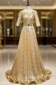 Gold Sequins Short Sleeve Prom Dresses With Belt