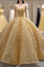 Gold Sequins Straps Pearls Prom Dresses
