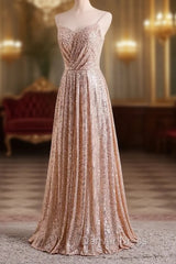 Gold Sequins Sweetheart Simple Spaghetti Straps Long Party Dresses, Sequins Prom Dresses Bridesmaid Dresses