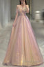 Gold Sparkle A Line Tulle Sequin Long Prom Dresses