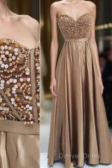 Gold Sweetheart Neck Beaded Long Prom Dresses, Evening Dresses