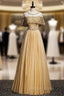 Gold Tulle Beading Sequins Lotus Leaf Sleeve Prom Dresses