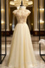 Gold Tulle High Neck Beading Open Back Prom Dresses