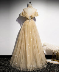 Gold Tulle Lace Long Prom Dresses Gold Sweet 16 Dresses