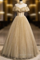 Gold Tulle Lace Long Prom Dresses Gold Sweet 16 Dresses