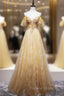 Gold Tulle Lace Sequins Appliques Backless Spaghetti Straps Prom Dresses