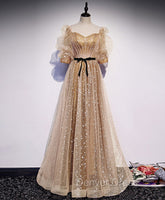 Gold Tulle Long Prom Dresses, A line Gold Formal Graduation Party Dresses