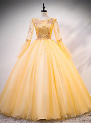 Gold Tulle Long Sleeve Beading Appliques Quinceanera Dress