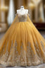 Gold Tulle Sequins Appliques Spaghetti Straps Pearls Prom Dresses