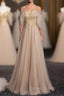 Gold Tulle Spaghetti Straps Appliques Beading Prom Dresses