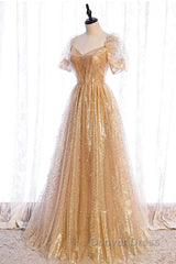 Gold Tulle V Neck Long Prom Dresses Gold Tulle Formal Dresses