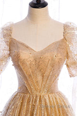 Gold Tulle V Neck Long Prom Dresses Gold Tulle Formal Dresses