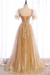 Gold Tulle V Neck Long Prom Dresses Gold Tulle Formal Dresses