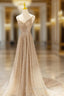 Gold V Neck Sequins Long Prom Dress, Shiny A Line Prom Dresses