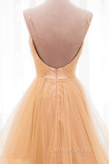 Gold V-Neck Tulle Long Prom Dresses, A-Line Evening Dresses