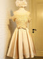 Golden Satin Lace Off Shoulder Short Homecoming Dress, Knee Length Prom Dresses