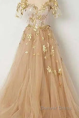 Golden Short Sleeves A-Line Tulle Prom Dresses,