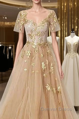 Golden Short Sleeves A-Line Tulle Prom Dresses,
