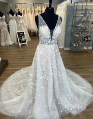 Gorgeous A-Line Deep V-Neck Open Back Chapel Train Wedding Dresses
