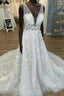 Gorgeous A Line Deep V Neck Open Back Chapel Train Wedding Dresses