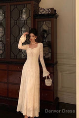 Gorgeous A Line Long Sleeves Lace Date Night Dress Long Prom Dresses Birthday Outfits