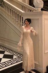 Gorgeous A Line Long Sleeves Lace Date Night Dress Long Prom Dresses Birthday Outfits