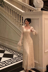 Gorgeous A Line Long Sleeves Lace Date Night Dress Long Prom Dresses Birthday Outfits