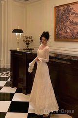 Gorgeous A Line Long Sleeves White Lace Date Night Dress Prom Dresses Birthday Outfits