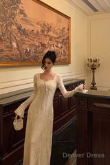 Gorgeous A Line Long Sleeves White Lace Date Night Dress Prom Dresses Birthday Outfits