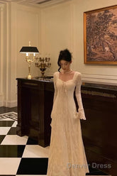 Gorgeous A Line Long Sleeves White Lace Date Night Dress Prom Dresses Birthday Outfits