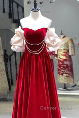 Gorgeous A Line Off The Shoulder Velvet Red Prom Dresses