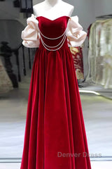 Gorgeous A Line Off The Shoulder Velvet Red Prom Dresses