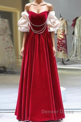 Gorgeous A Line Off The Shoulder Velvet Red Prom Dresses