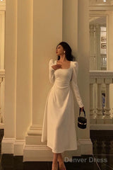 Gorgeous A Line Square Neckline Long Sleeves Date Night Dress White Prom Dresses Birthday Outfits