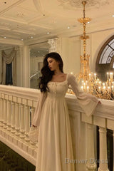 Gorgeous A Line Square Neckline Long Sleeves Ivory Date Night Dress Prom Dresses Birthday Outfit