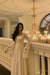 Gorgeous A Line Square Neckline Long Sleeves Ivory Date Night Dress Prom Dresses Birthday Outfit