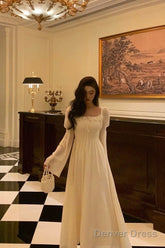 Gorgeous A Line Square Neckline Long Sleeves Ivory Date Night Dress Prom Dresses Birthday Outfit