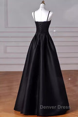 Gorgeous A Line Straps Satin Black Prom Dresses