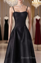 Gorgeous A Line Straps Satin Black Prom Dresses
