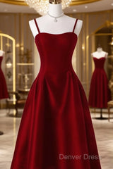Gorgeous A Line Straps Satin Burgundy Prom Dresses