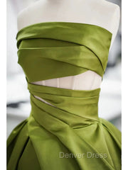 Gorgeous Balll Gown Strapless Green Satin Ruffles Long Evening Dresses Prom Dresses