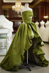 Gorgeous Balll Gown Strapless Green Satin Ruffles Long Evening Dresses Prom Dresses