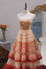 Gorgeous Balll Gown Strapless Tulle Pink Ruffles Long Evening Dresses Prom Dresses