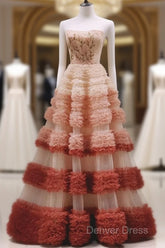 Gorgeous Balll Gown Strapless Tulle Pink Ruffles Long Evening Dresses Prom Dresses