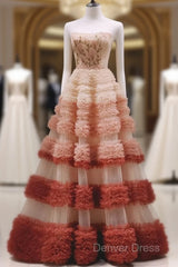 Gorgeous Balll Gown Strapless Tulle Pink Ruffles Long Evening Dresses Prom Dresses
