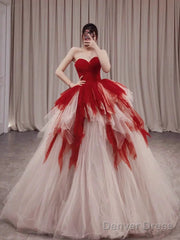 Gorgeous Balll Gown Sweetheart Red Tulle Ruffles Long Evening Dress Prom Dresses