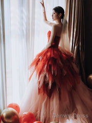 Gorgeous Balll Gown Sweetheart Red Tulle Ruffles Long Evening Dress Prom Dresses