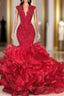 Gorgeous Beads Appliques Red Prom Dresses Ruffles Fit and Flare Alluring Evening Gowns