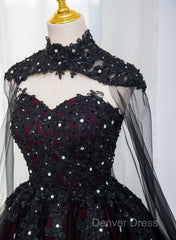 Gorgeous Black And Red Tulle Ball Gown Sweet 16 Dresses With Cape, Long Prom Dresses