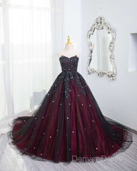 Gorgeous Black And Red Tulle Ball Gown Sweet 16 Dresses With Cape, Long Prom Dresses